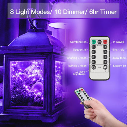 suddus Hallowee Fairy Lights Battery Operated, 33ft 100 LED Fairy Lights with Remote, Purple String