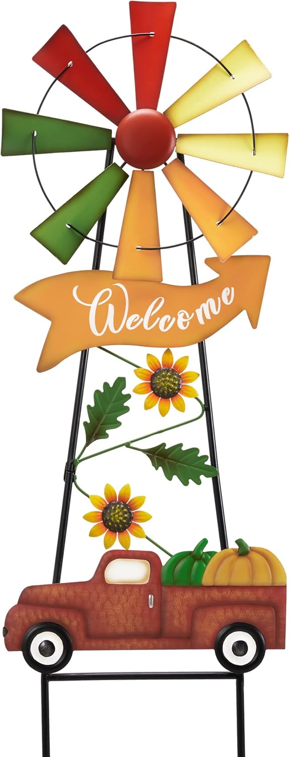 TERESA'S COLLECTIONS Fall Decor for Outdoor Home, Metal Pumpkin Fall Decorations Wind Spinner Yard