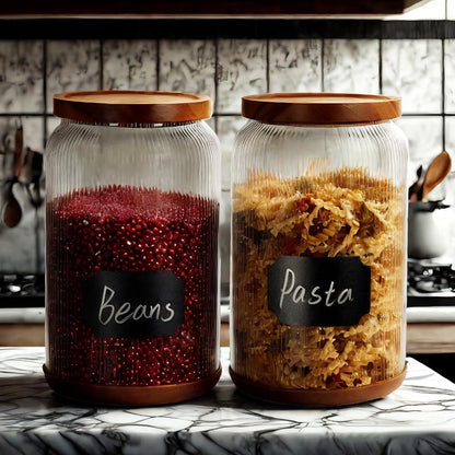 SAIOOL 2-Pack Striped Borosilicate Glass Airtight Canisters - Big mouth Large Capacity, Acacia Wood