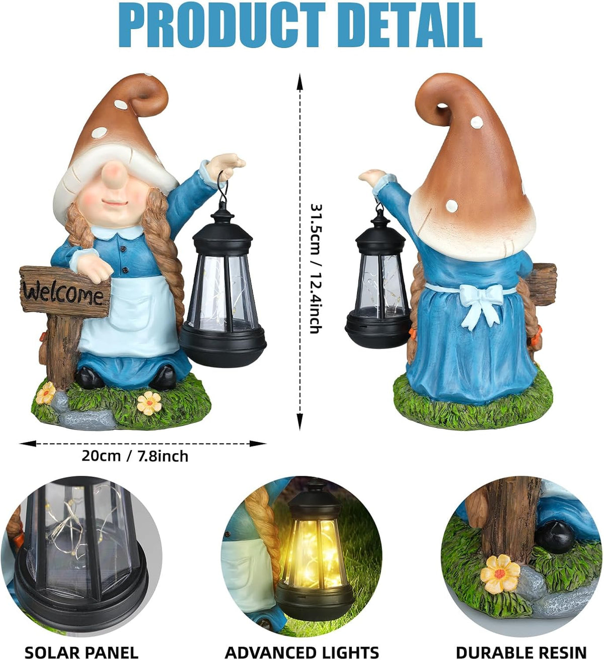 Solar Large Gnome Garden Statue with Welcome Sign Outdoor Decor with LED Lantern Funy for Porch