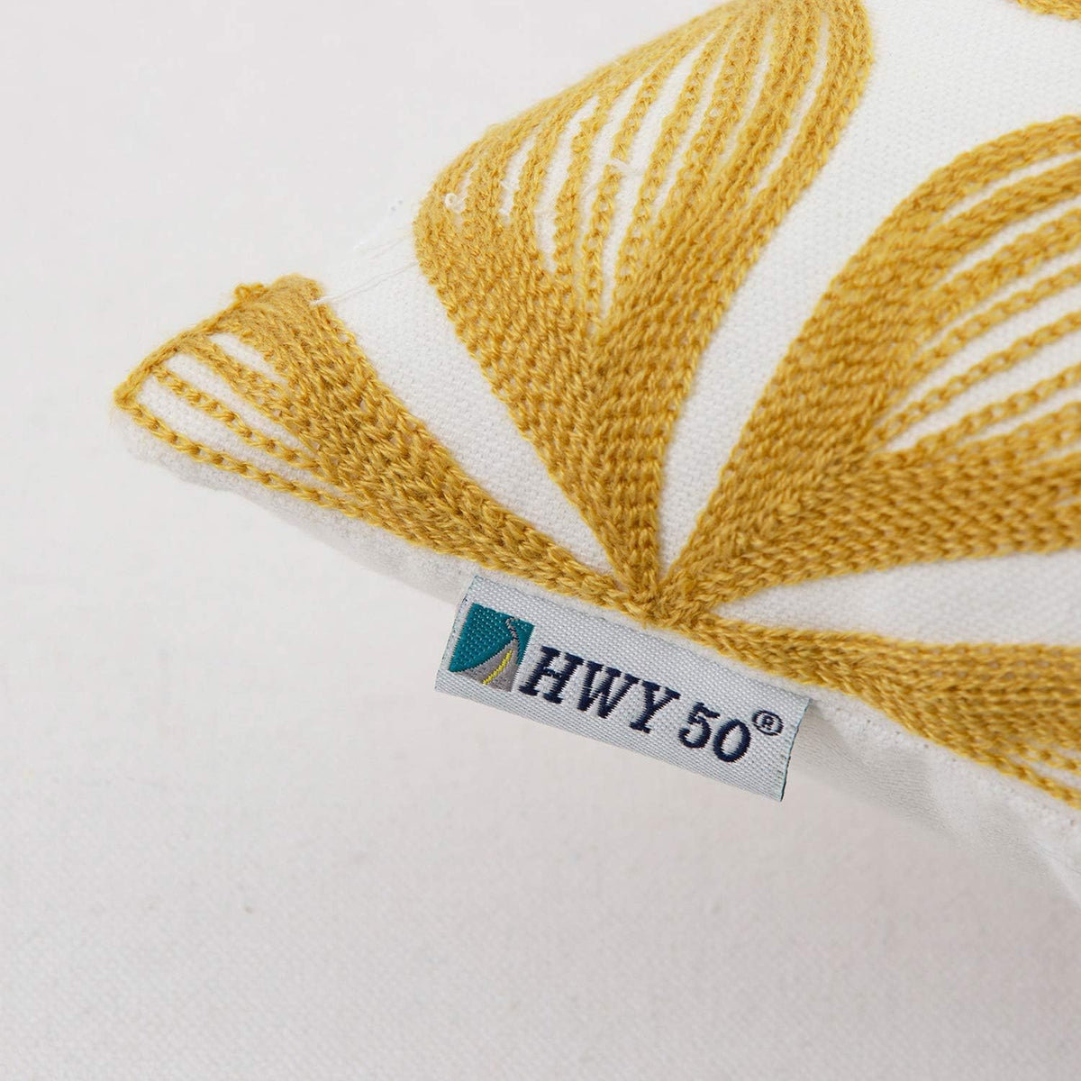 HWY 50 Yellow Decorative Throw Pillow Covers 18x18 Inch (1 Piece), Embroidered Cotton Farmhouse