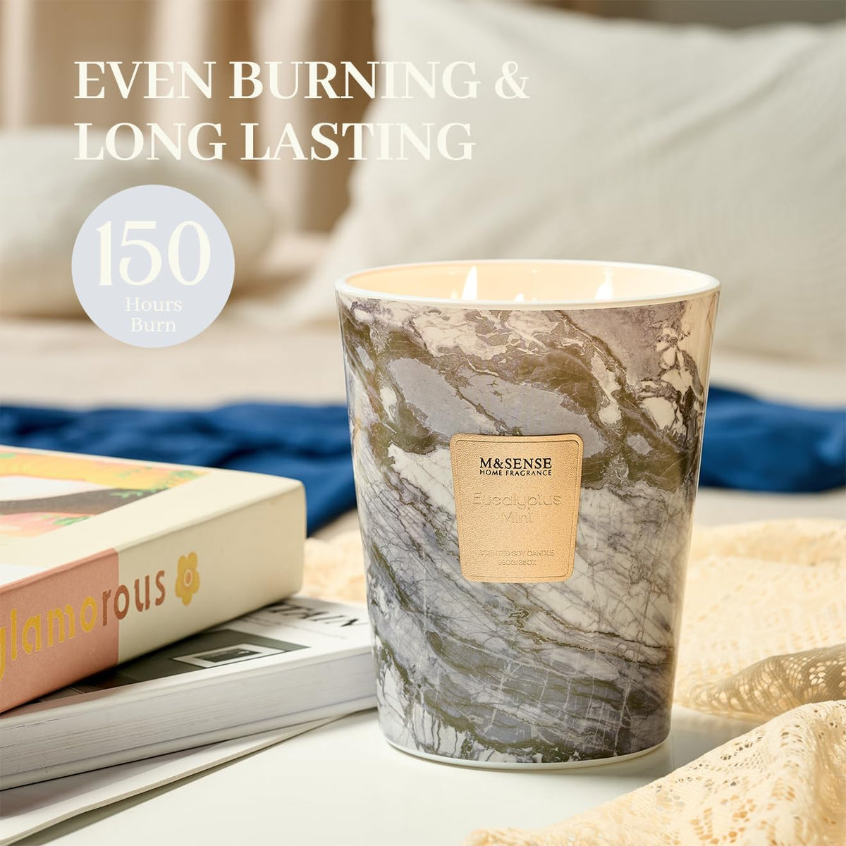 M&SENSE EucalyptusMint Scented Candles for Home, 3-Wick Highly Scented Jar Candles, Extra Large