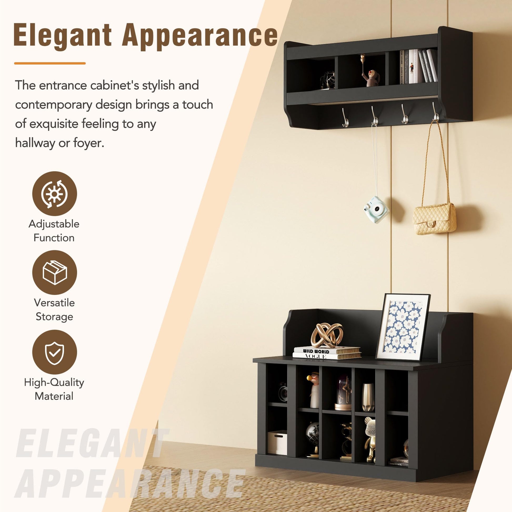 Shoe Storage Bench with Shelves and 4 Hooks, Entryway Hall Tree with Shoe Cabinets with Coat Rack