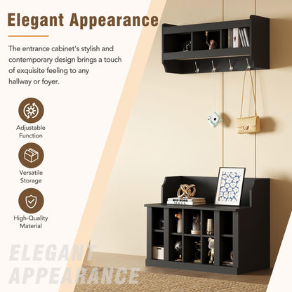 Shoe Storage Bench with Shelves and 4 Hooks, Entryway Hall Tree with Shoe Cabinets with Coat Rack