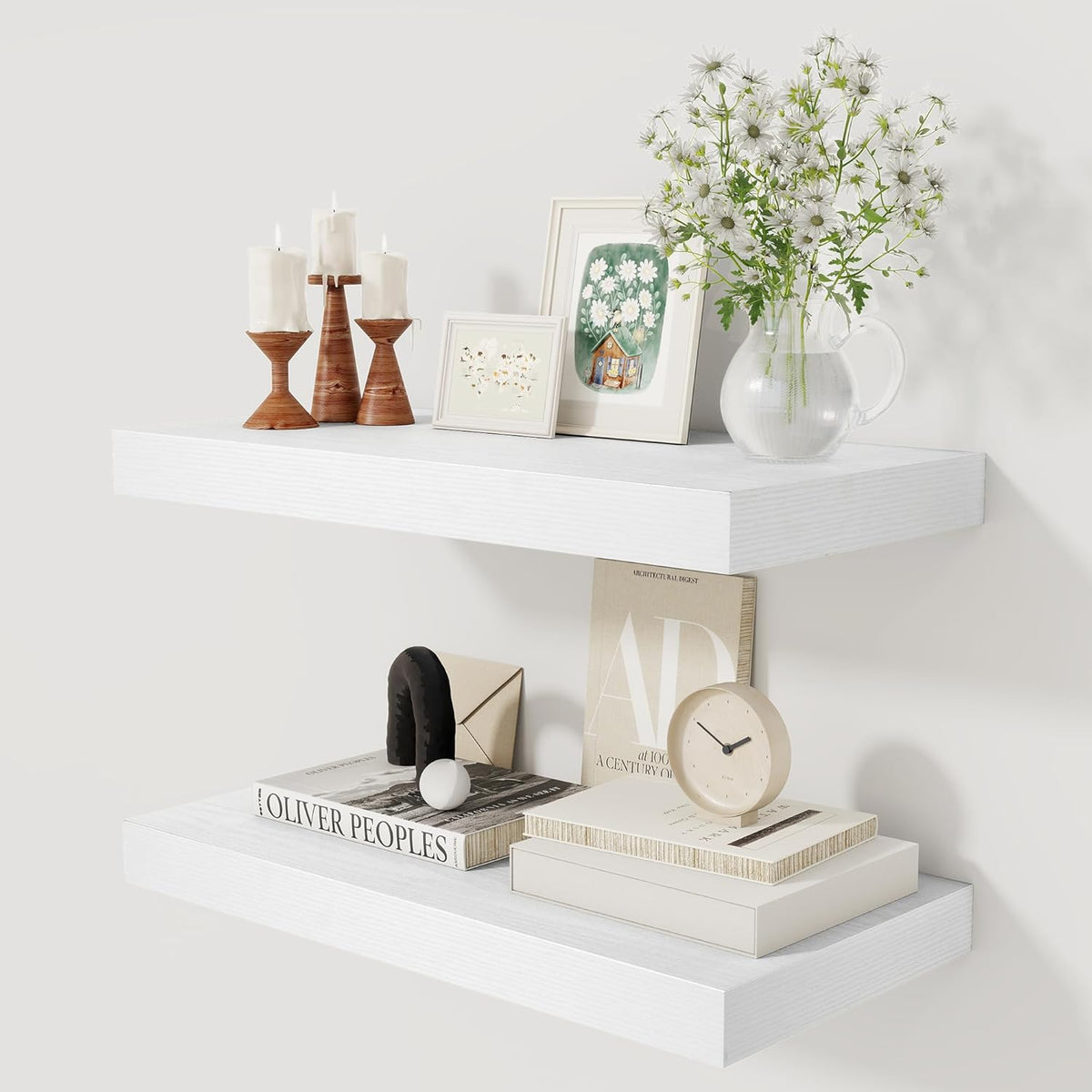12 Inch Deep White Floating Shelves, 24 x 12 Floating Shelf for Books, Rustic Wood Deep Wall