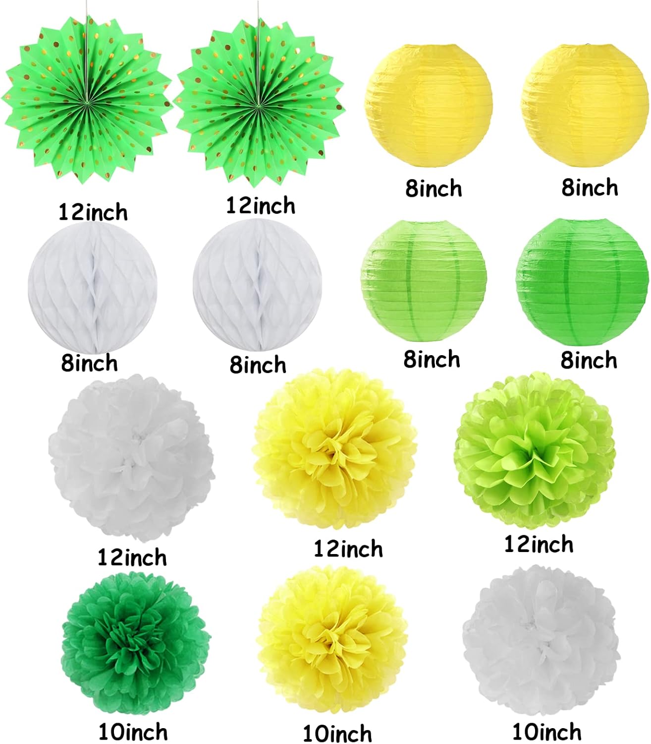 Yellow-White Green Party-Decorations Streamers-Lanterns - 14pcs Spring Summer Garden Tea Paper