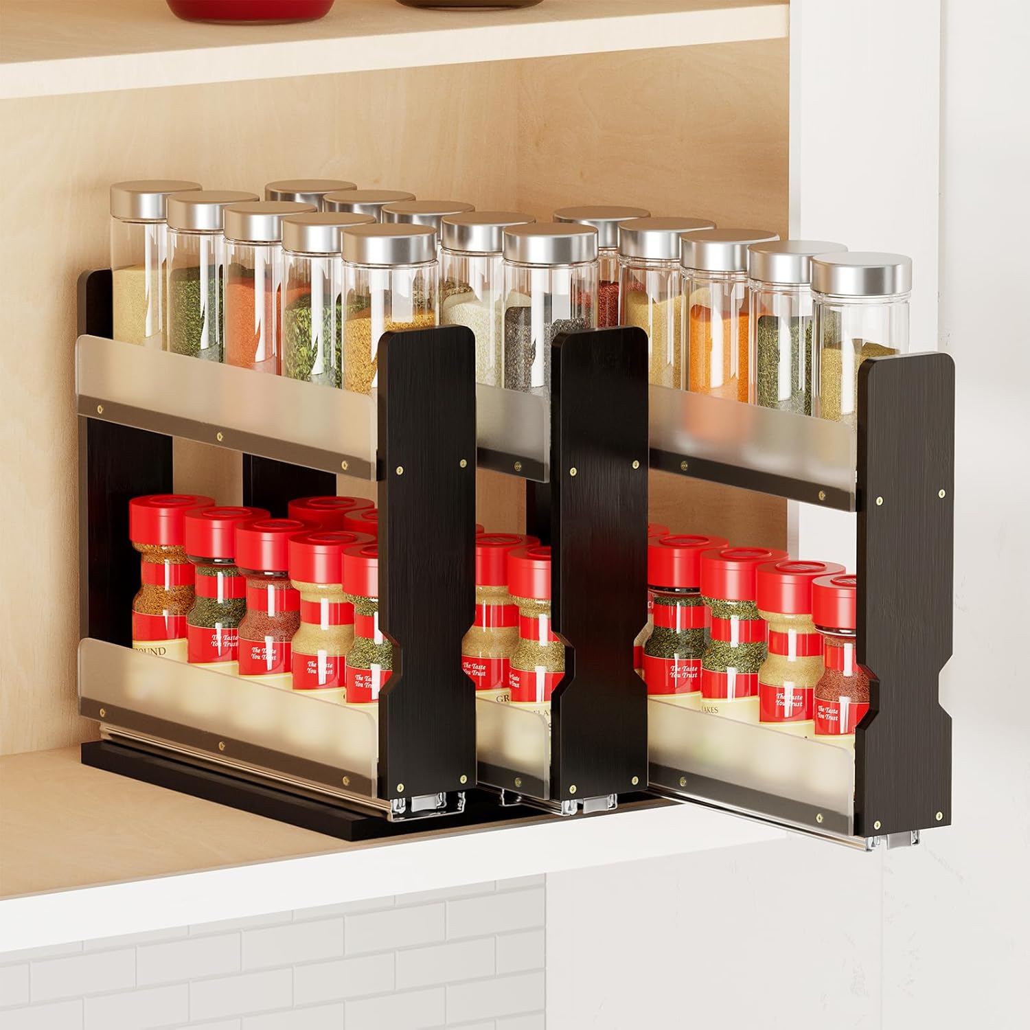 SpaceAid Bamboo Pull Out Spice Rack Organizer for Cabinet, Heavy Duty Slide Out Seasoning Kitchen