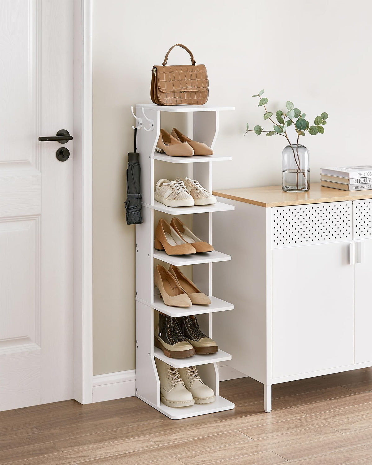 VASAGLE 7-Tier Vertical Shoe Rack, Narrow Shoe Storage Organizer with Hooks, Slim Corner Tower