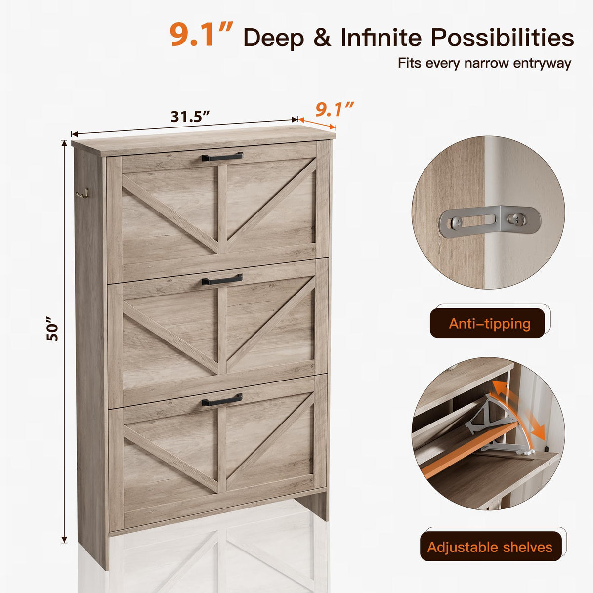 Nicetree Shoe Cabinet for Entryway, 3 Flip Drawers Shoe Storage Cabinet with 3-Tier Adjustable