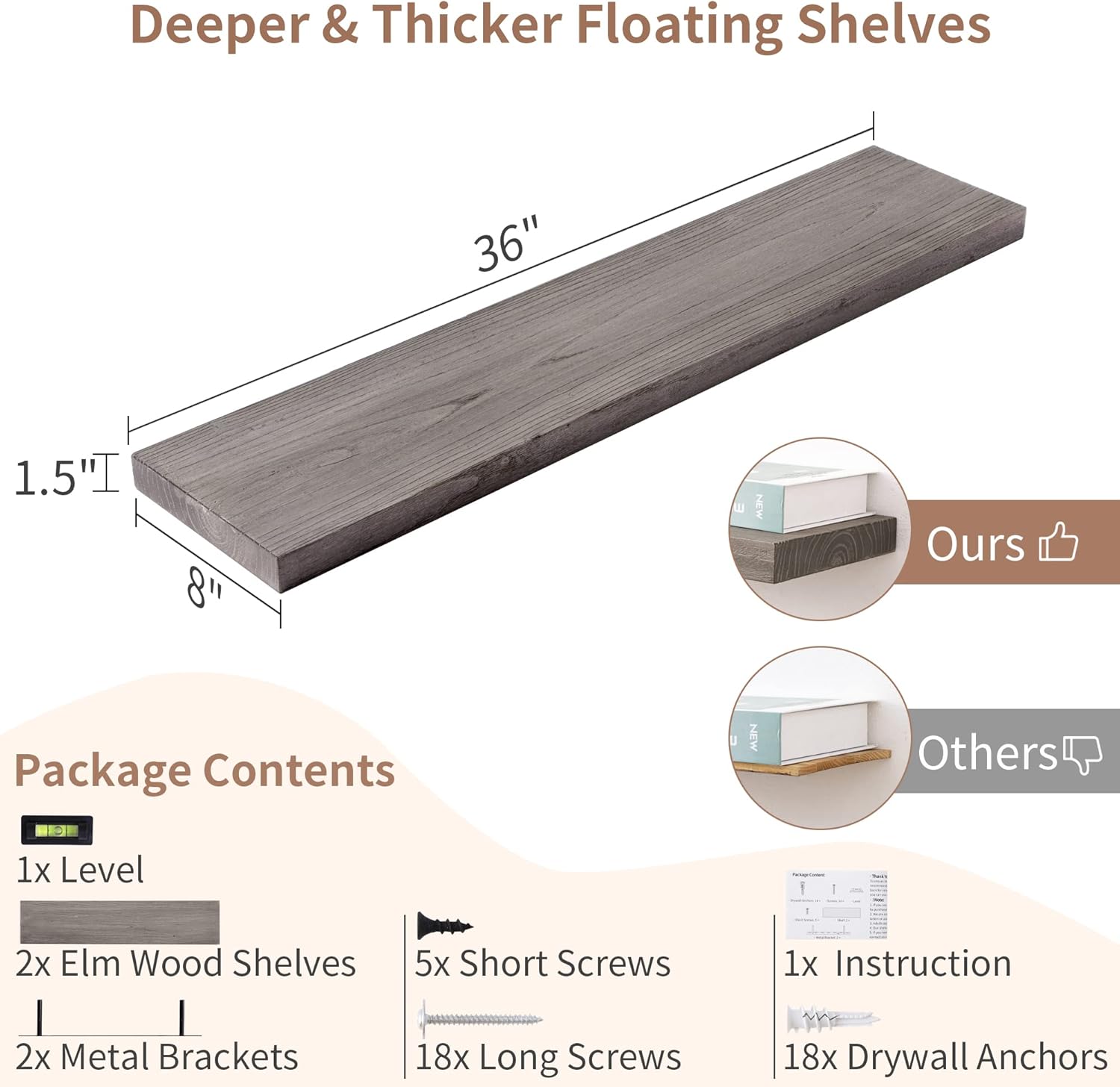 Axeman Floating Shelves for Wall, 8 Inch Deep Rustic Solid Elm Wood Wall Shelves for Storage, Wall