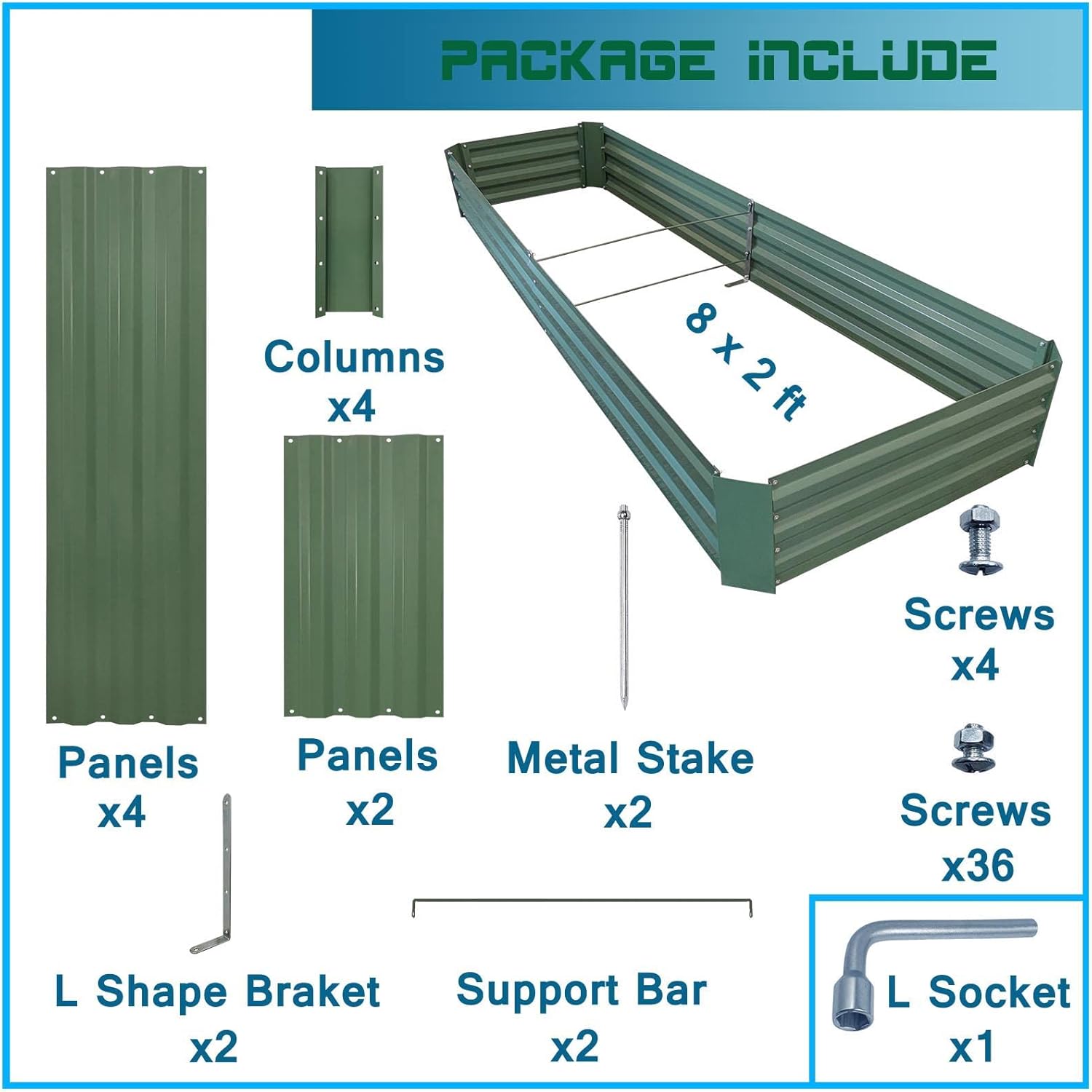8x2x1ft Metal Raised Garden Bed Kit，Galvanized Garden Bed Box for Vegetables, Flowers, Herbs, and