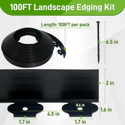 2 Inch x 100FT Landscape Edging Border with 90 Anchoring Spikes, No Dig Garden Border Edging Kit