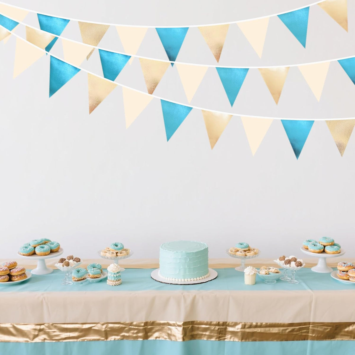 Champagne Gold Sky Blue Beige Decorations Metallic Fabric Triangle Pennant Banner Bunting Flag
