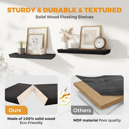 24"x6.8"x1.6" Slanted Floating Wall Shelves 2-Pack - Rustic Black Finish, Heavy-Duty Solid Wood
