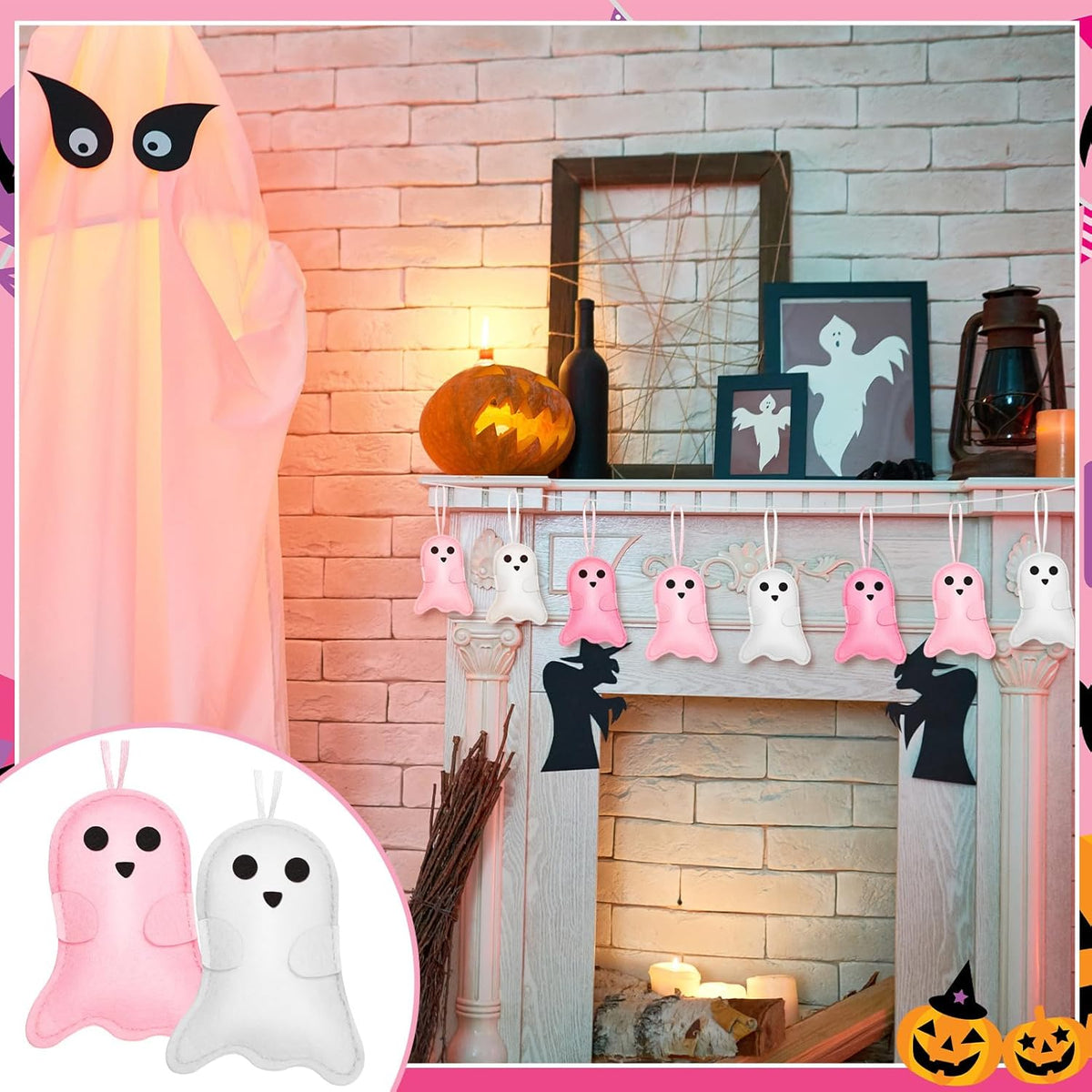 12 Pcs Pink Halloween Felt Ornaments Cute Ghost 3D Hanging Ornaments 3.15 Inch Pink White Halloween