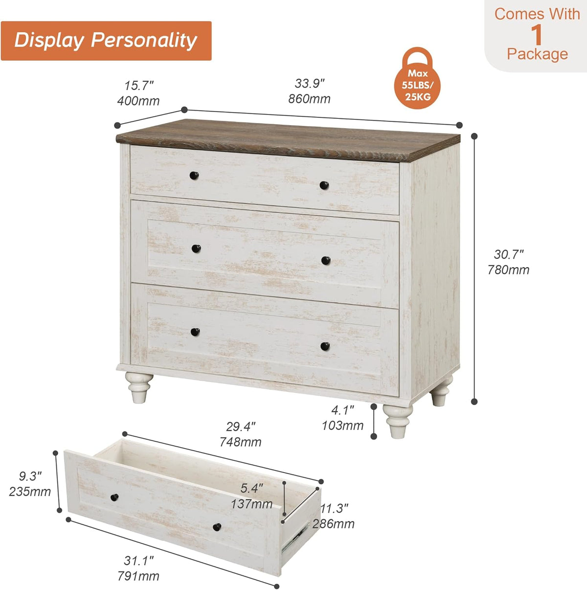 WAMPAT Baby Dresser for Bedroom with 3 Drawers, Kids Dressers with Wide Chest of Drawers, Farmhouse