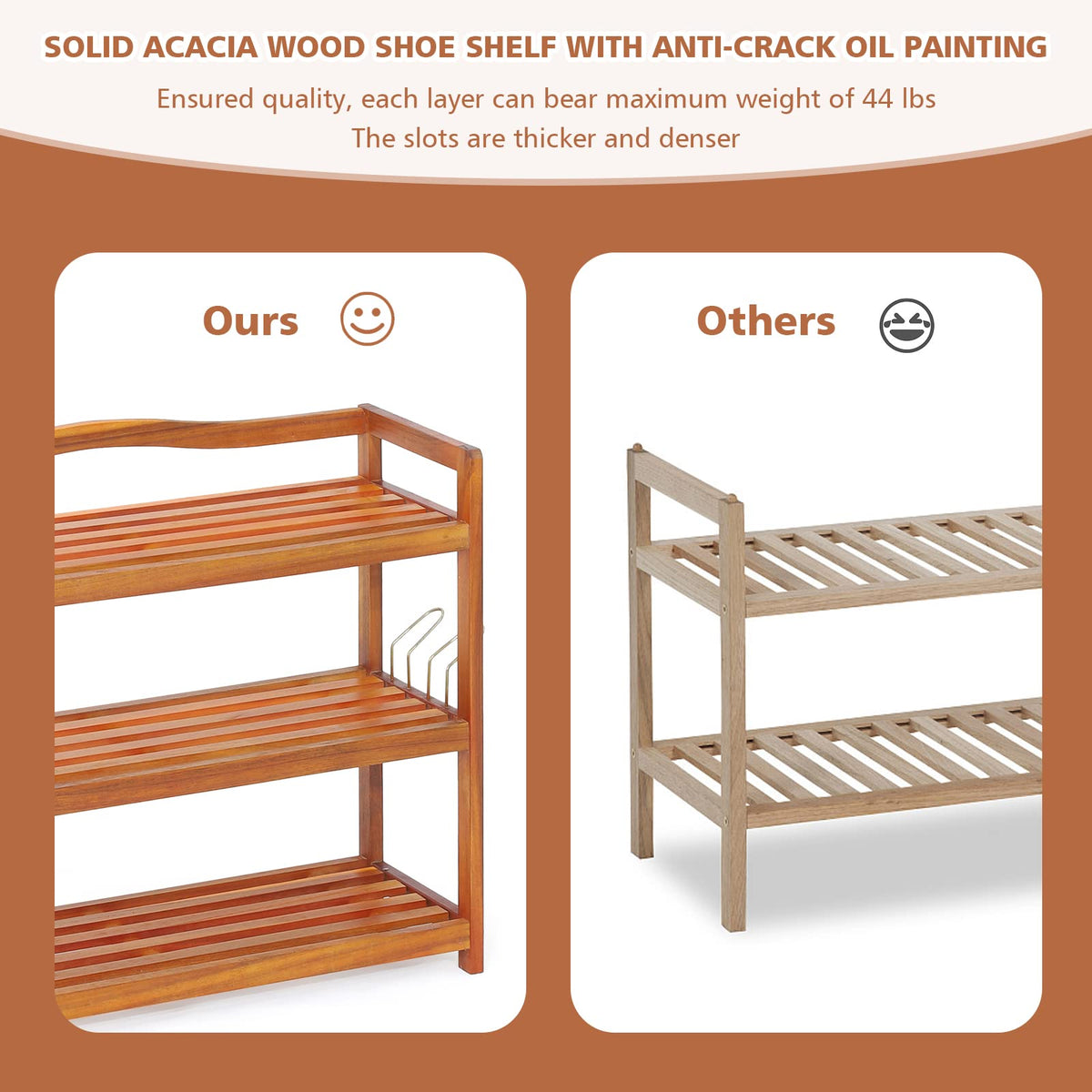 Giantex 5-Tier Shoe Rack, Acacia Wood Shoe Shelf with Side Metal Hooks, Holds up 12-18 Pairs