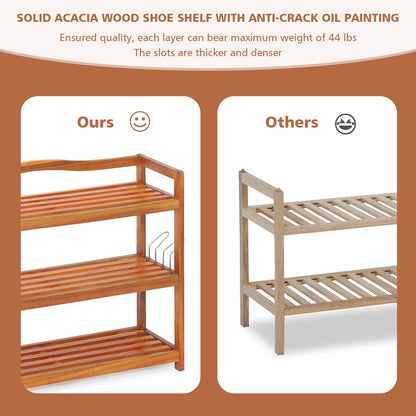 Giantex 5-Tier Shoe Rack, Acacia Wood Shoe Shelf with Side Metal Hooks, Holds up 12-18 Pairs