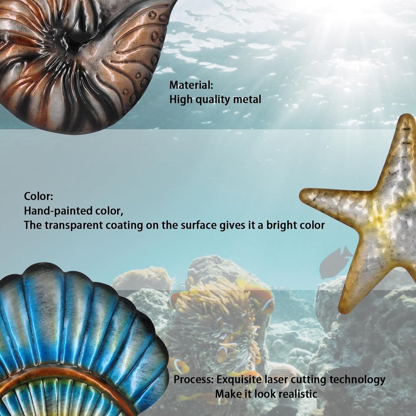 Metal Ocean Wall Sculptures Outdoor Metal Sea Star Conch Wall Art Decor Pool Garden Patio Bathroom