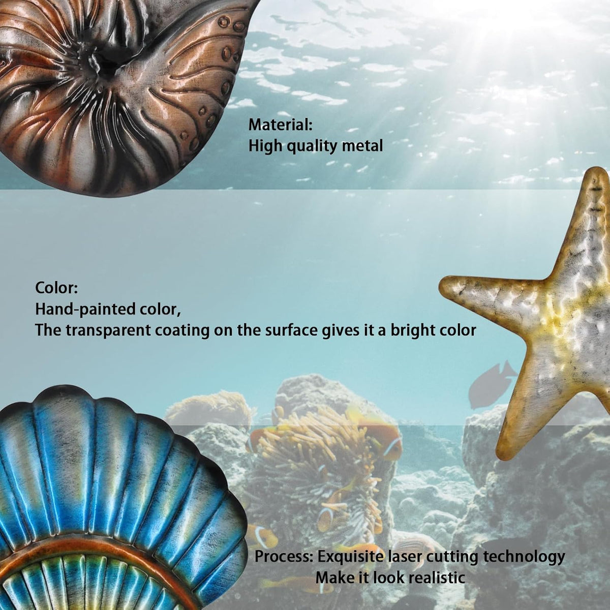 Metal Ocean Wall Sculptures Outdoor Metal Sea Star Conch Wall Art Decor Pool Garden Patio Bathroom