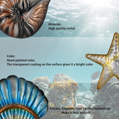 Metal Ocean Wall Sculptures Outdoor Metal Sea Star Conch Wall Art Decor Pool Garden Patio Bathroom