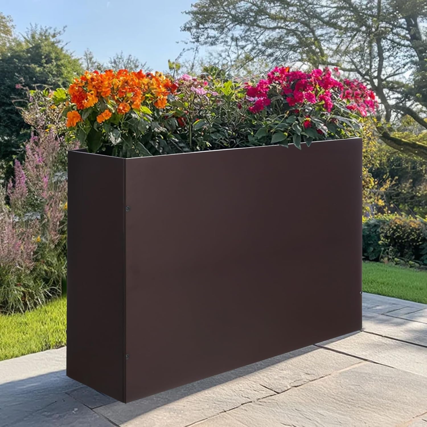 SUNNYPARK Large Metal Planter Box 32”x 12”x 24”, Rectangular Modern Brown Metal Planter Box Heavy