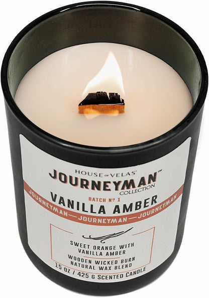 Journeyman Collection Candle, 15oz, Wooden Wick, Vanilla Amber, Large Painted Jar
