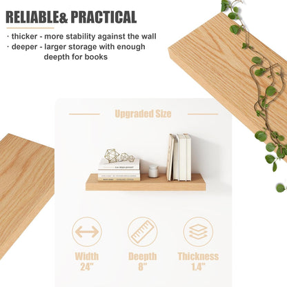 Floating Shelves for Wall, USA-Sourced Oak Wood 24 Inch Wall Shelves Set of 2, Natural Wooden Wall