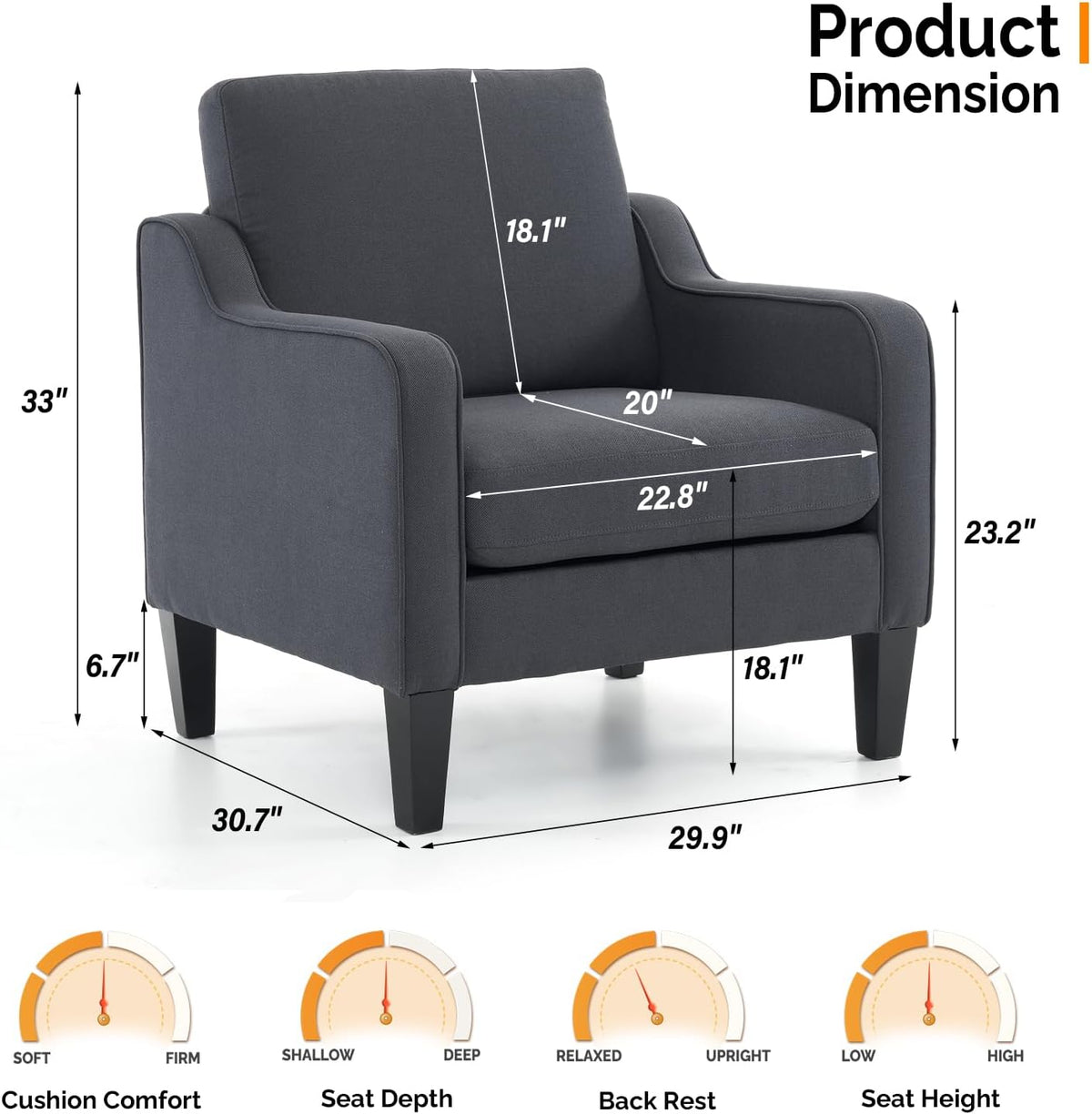VINGLI Accent Chairs Set of 2 Living Room Chairs Dark Grey Reading Chair for Bedroom Scooped Arm