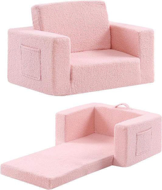 2-in-1 Toddler Chair Sherpa Couch - Soft Kids Lounger for Bedroom, Convertible Sofa for Girls and
