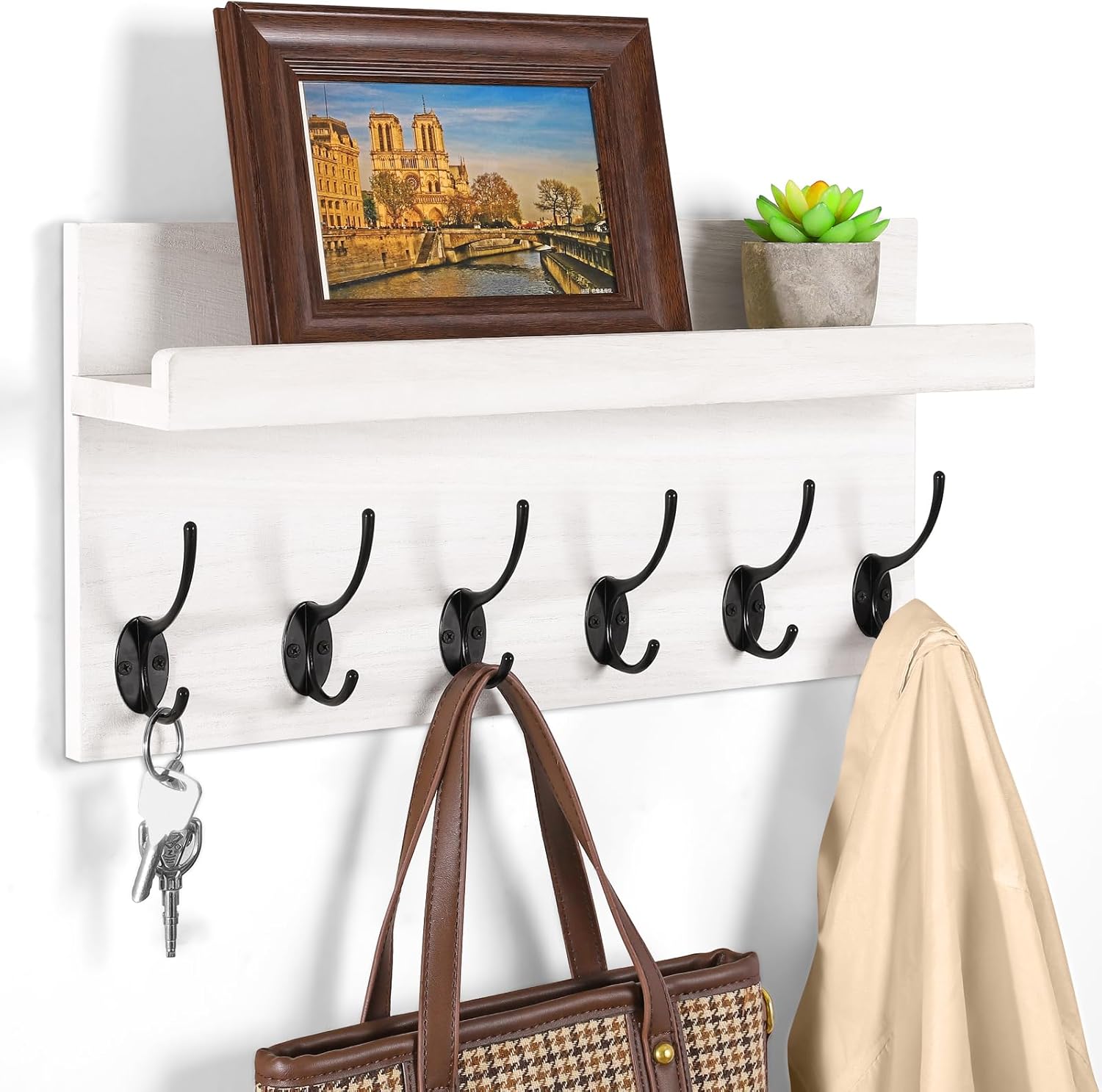 Shelf with Hooks, Coat Rack Wall Mount with 6 Double Metal Hooks, 17 Inch Farmhouse Wall Hooks with