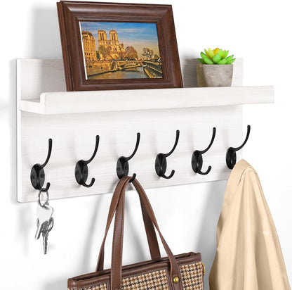 Shelf with Hooks, Coat Rack Wall Mount with 6 Double Metal Hooks, 17 Inch Farmhouse Wall Hooks with