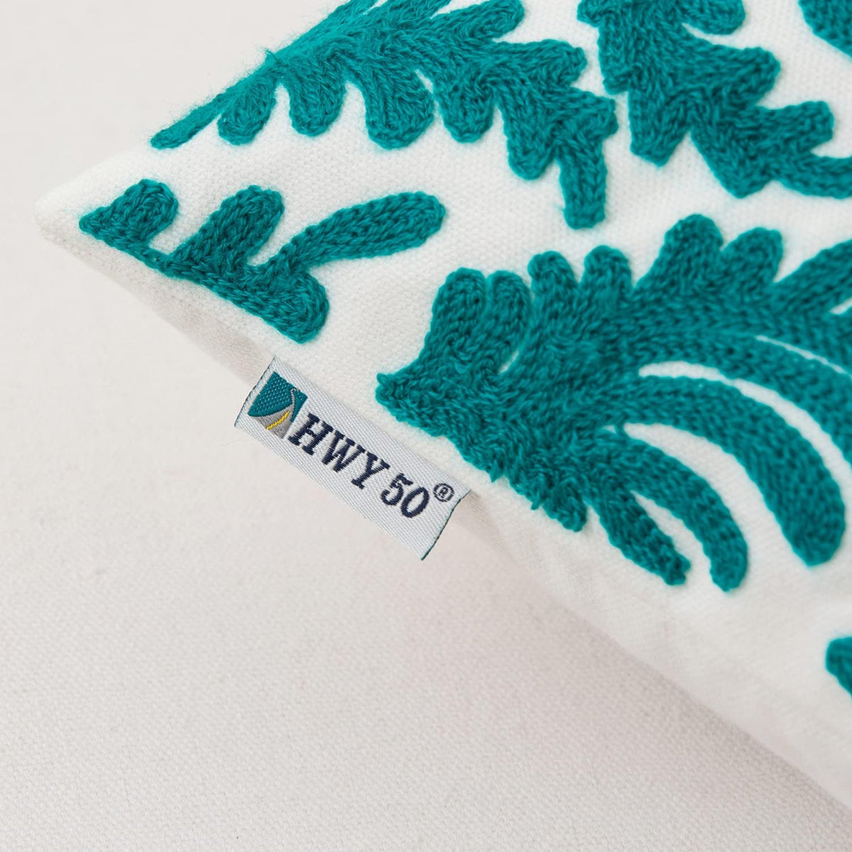 HWY 50 Teal Decorative Throw Pillow Covers 18x18 Inch (1 Piece), Embroidered Cotton Farmhouse