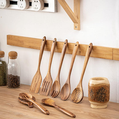 Gudamaye 13 inch Long Wooden Spoons for Cooking,Wooden Utensils for Cooking with Utensils Holder,9
