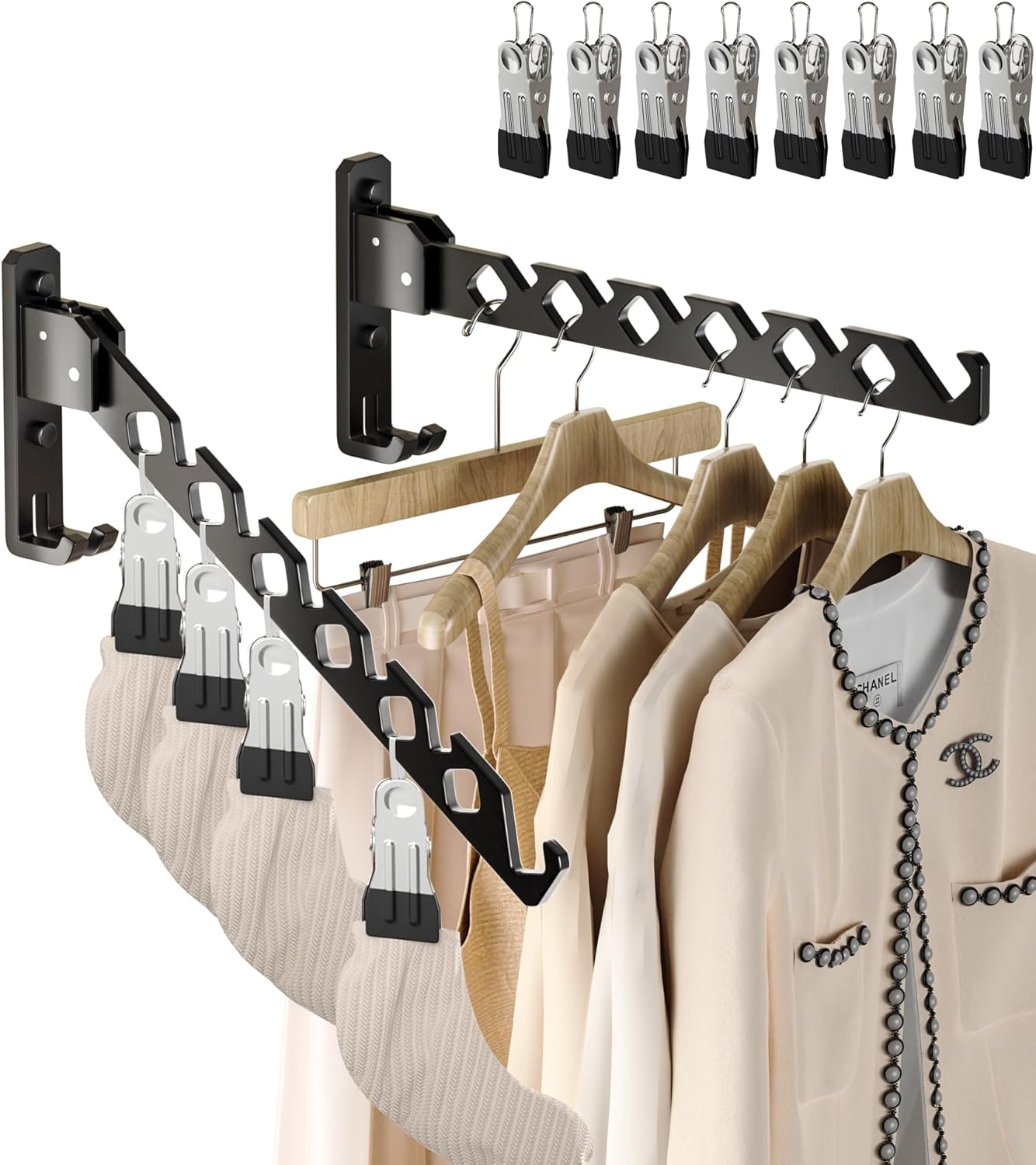 Wall Mount Coat Hanger Holder Black Clothes Drying Organizer Rack Garment Hooks Aluminium