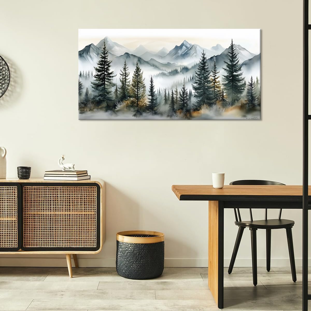 LASMOND Watercolor Forest Wall Art for Living Room Modern Mountain Canvas Painting Prints Foggy