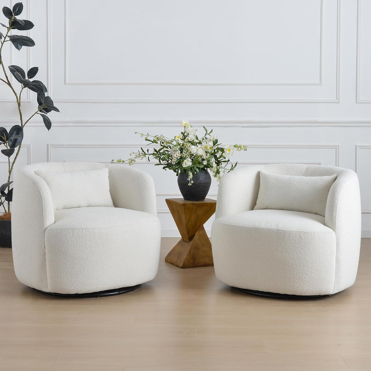 KINWELL 34" Wide Sherpa Swivel Barrel Chairs Set of 2, No Assembly Round Boucle Upholstered Accent