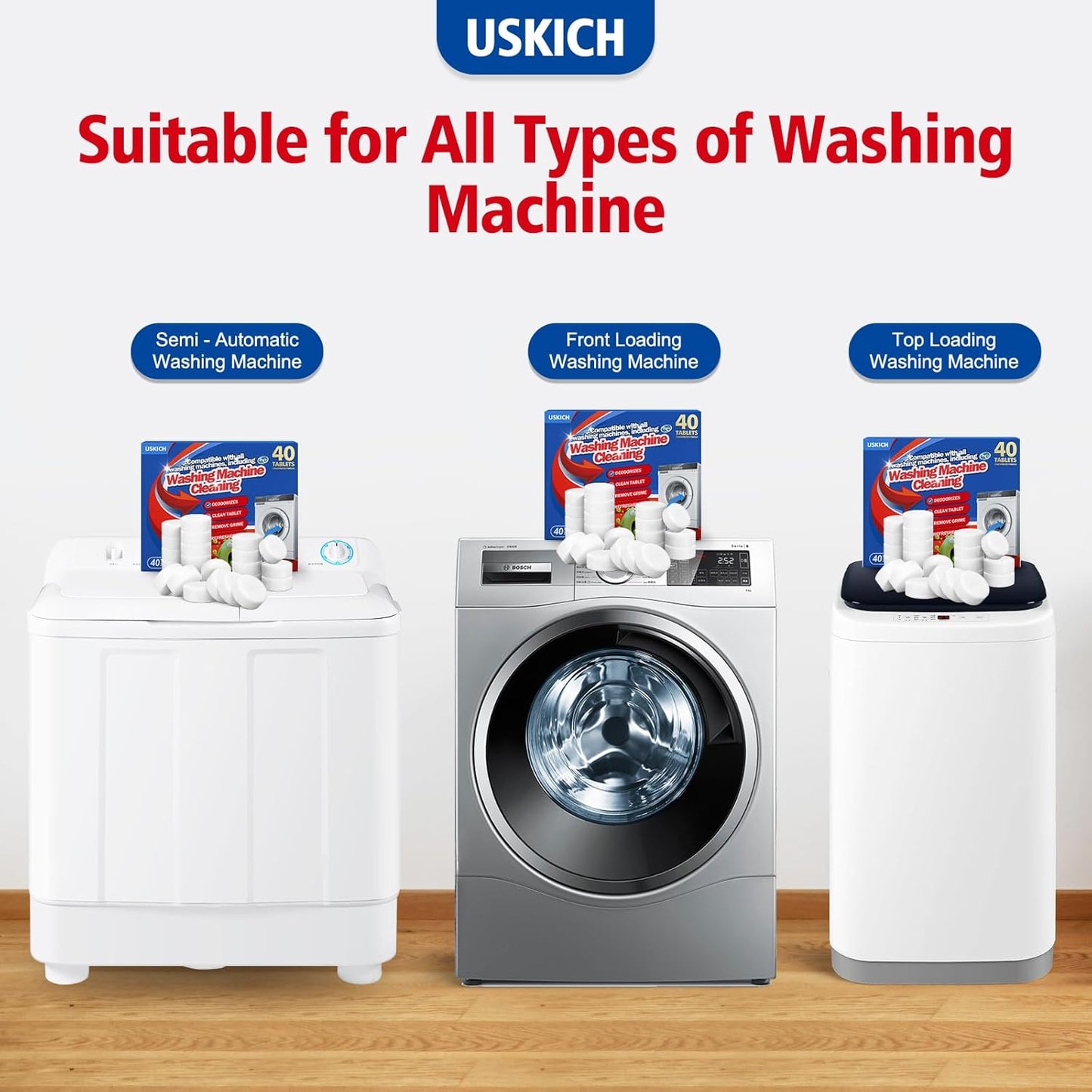 USKICH Washing Machine Cleaner Descaler 40 Pack-Deep Cleaning Tablets For HE Front Loader & Top