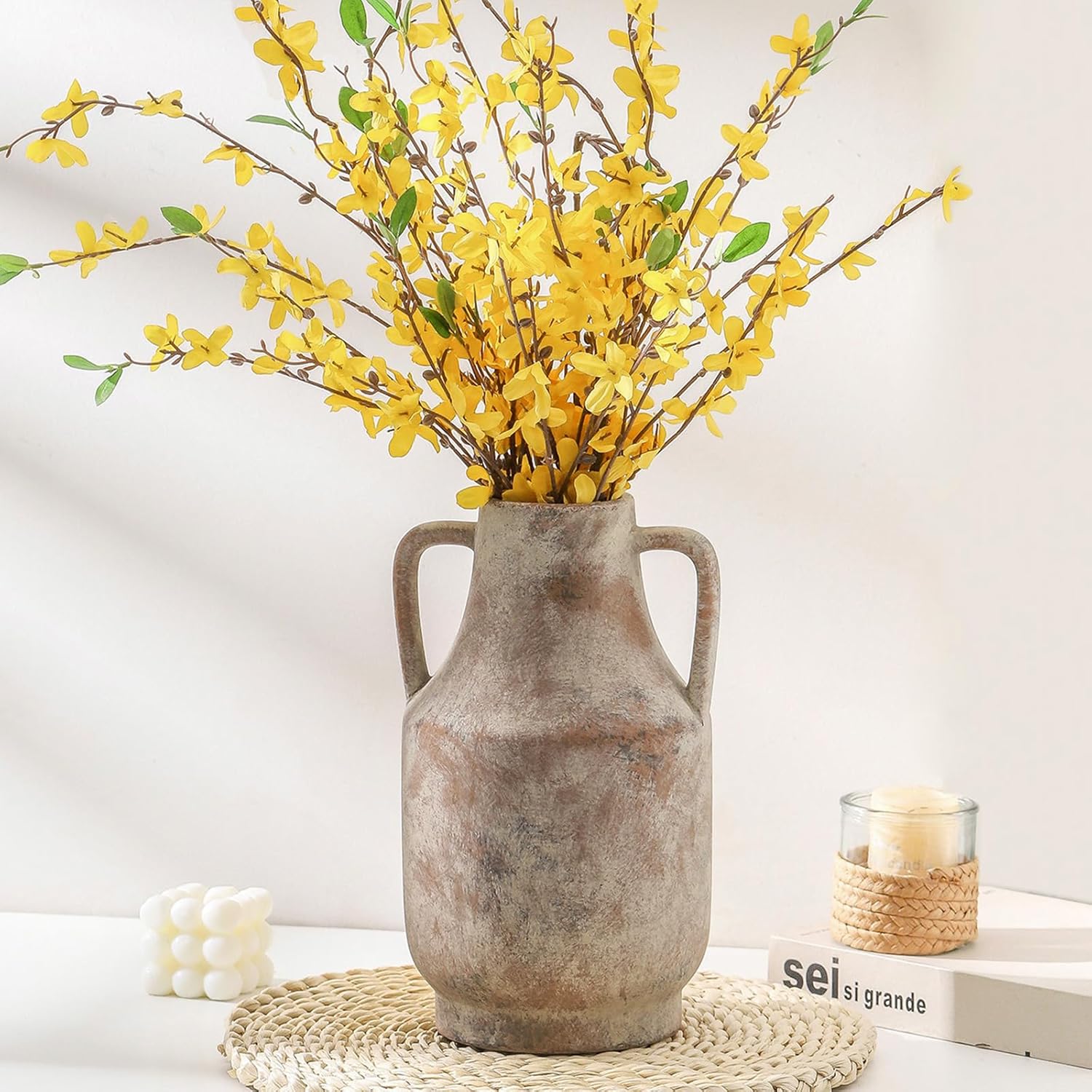 Mitt&Ditt Ceramic Flower Vase with Handles, 11 inch Tall Vase for Centerpieces, Large Decorative