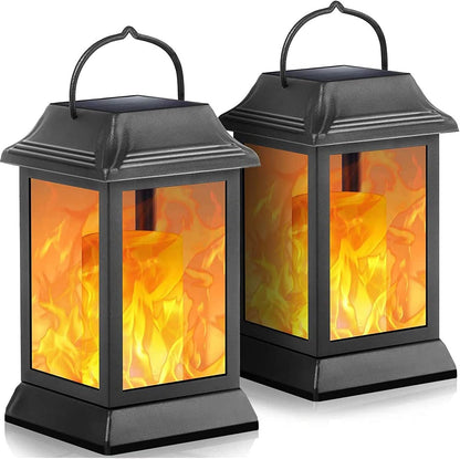 TomCare Solar Lights Metal Flickering Flame Solar Lantern Outdoor Hanging Lanterns Decorative