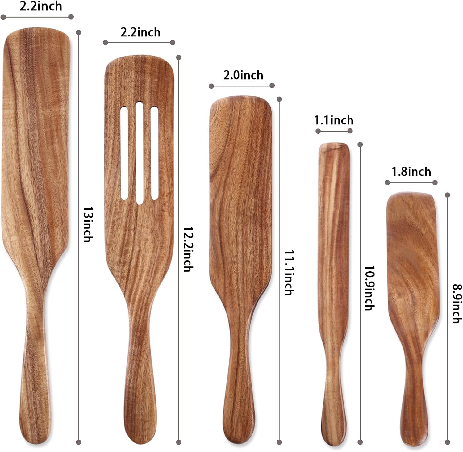 5 Pcs Wooden Spurtle Set, Natural Teak Kitchen Utensil Set Heat Resistant Non-Stick Wooden Spoons