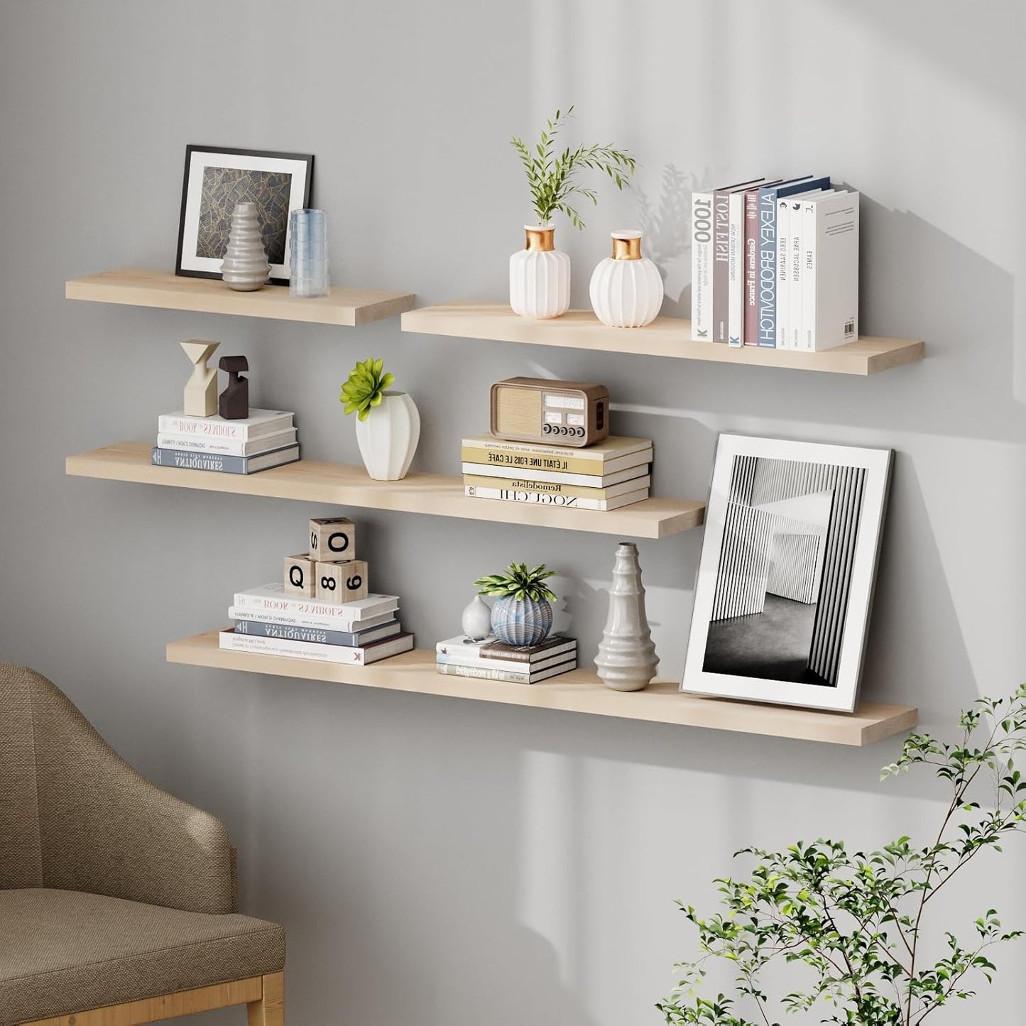 SAUMONIERES Floating Shelves 8 Inch Deep Solid Wood Wide Wall Shelf Set of 2 Wall Mounted for