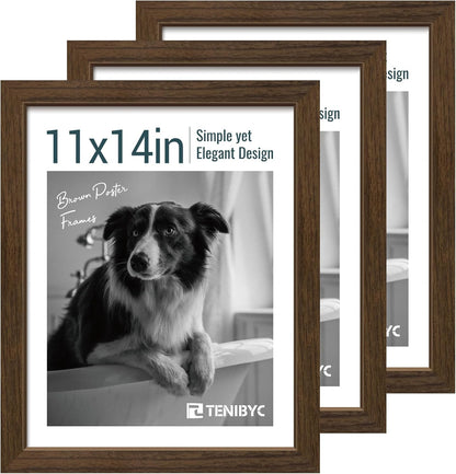 11x14 Picture Frame Set - 3 Pack, Brown Woodgrain, Wood Photo Frame, HD Tempered Glass, Wall