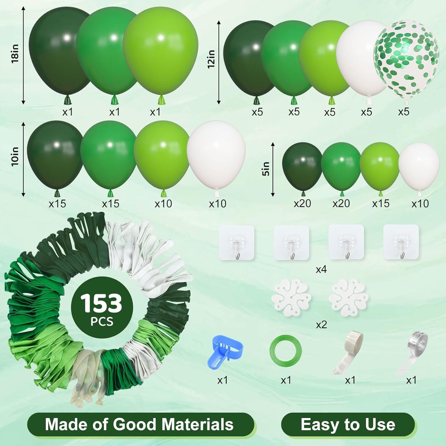 Amandir 153pcs Green Balloons Arch Garland Kit, Different Sizes 18 12 10 5inch Dark Emerald Light