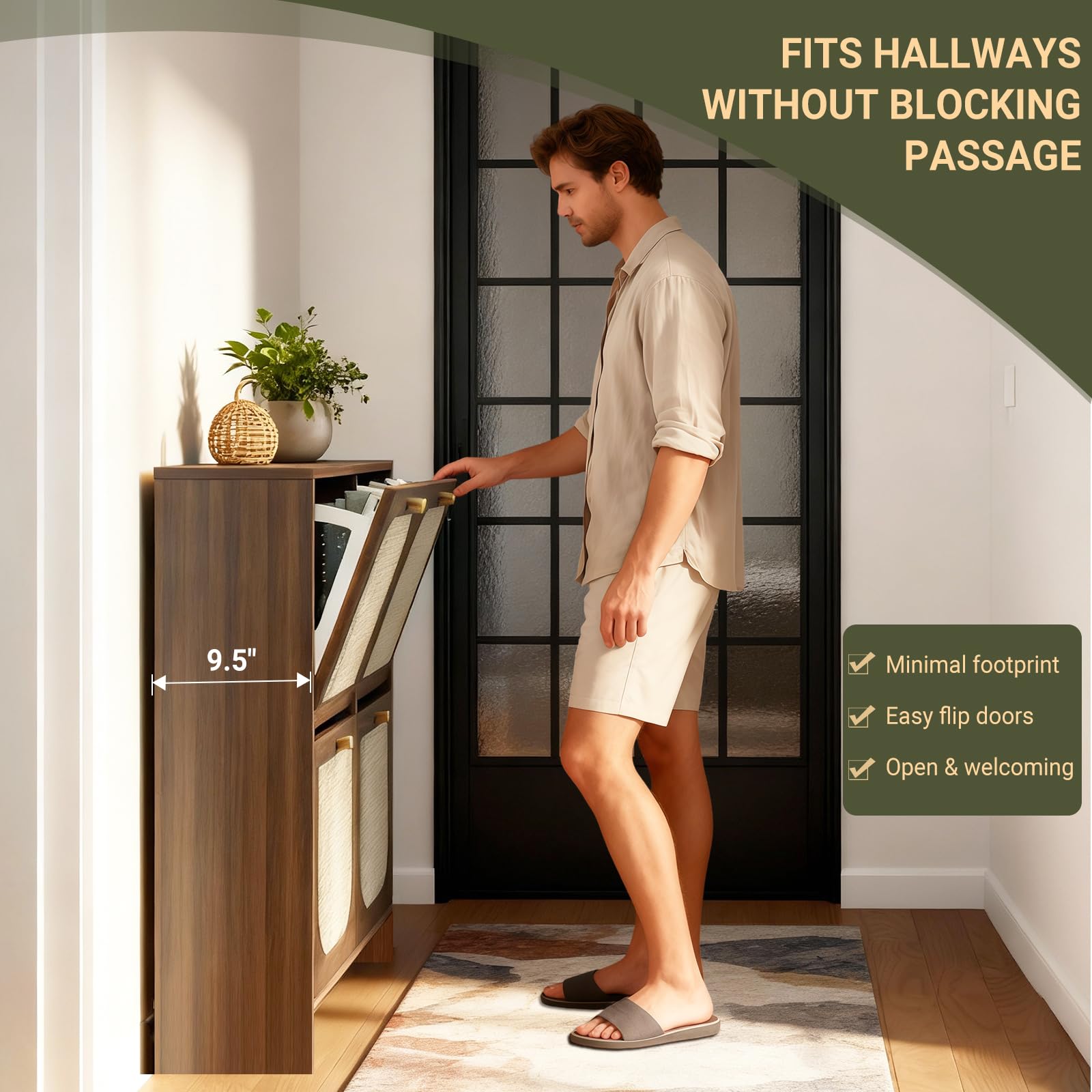 Nicetree Freestanding Ultra Slim Fluted Accent Shoe Storage Cabinet for Entryway - 4 Flip Drawers &