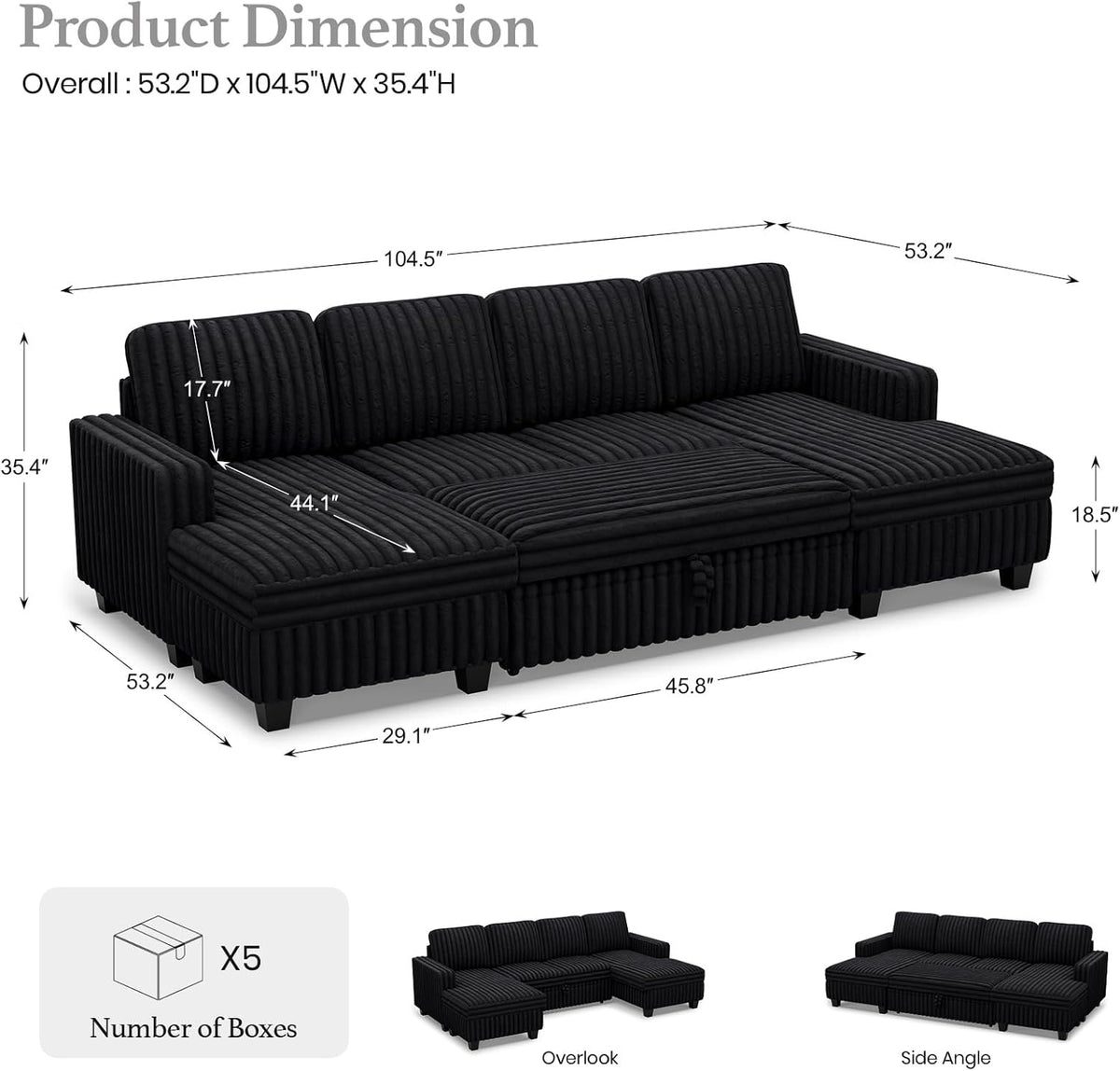 Belffin Modular Sectional Sleeper Sofa with Pull Out Couch Bed Corduroy Double Chaise with Storage