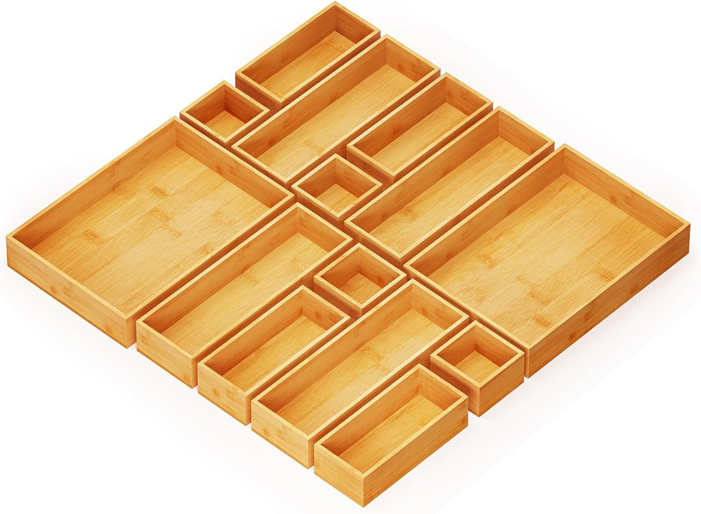SpaceAid 14-Piece Bamboo Drawer Organizer Storage Boxes Set, Wood Tray Junk Drawer Organizers