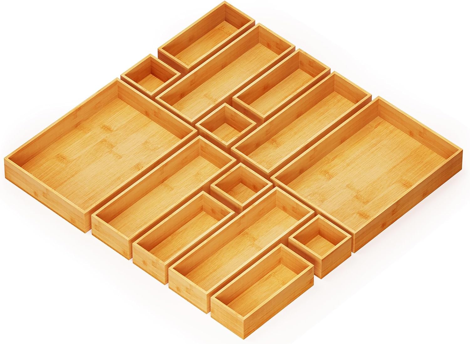 SpaceAid 14-Piece Bamboo Drawer Organizer Storage Boxes Set, Wood Tray Junk Drawer Organizers