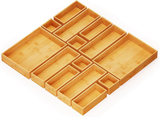 SpaceAid 14-Piece Bamboo Drawer Organizer Storage Boxes Set, Wood Tray Junk Drawer Organizers