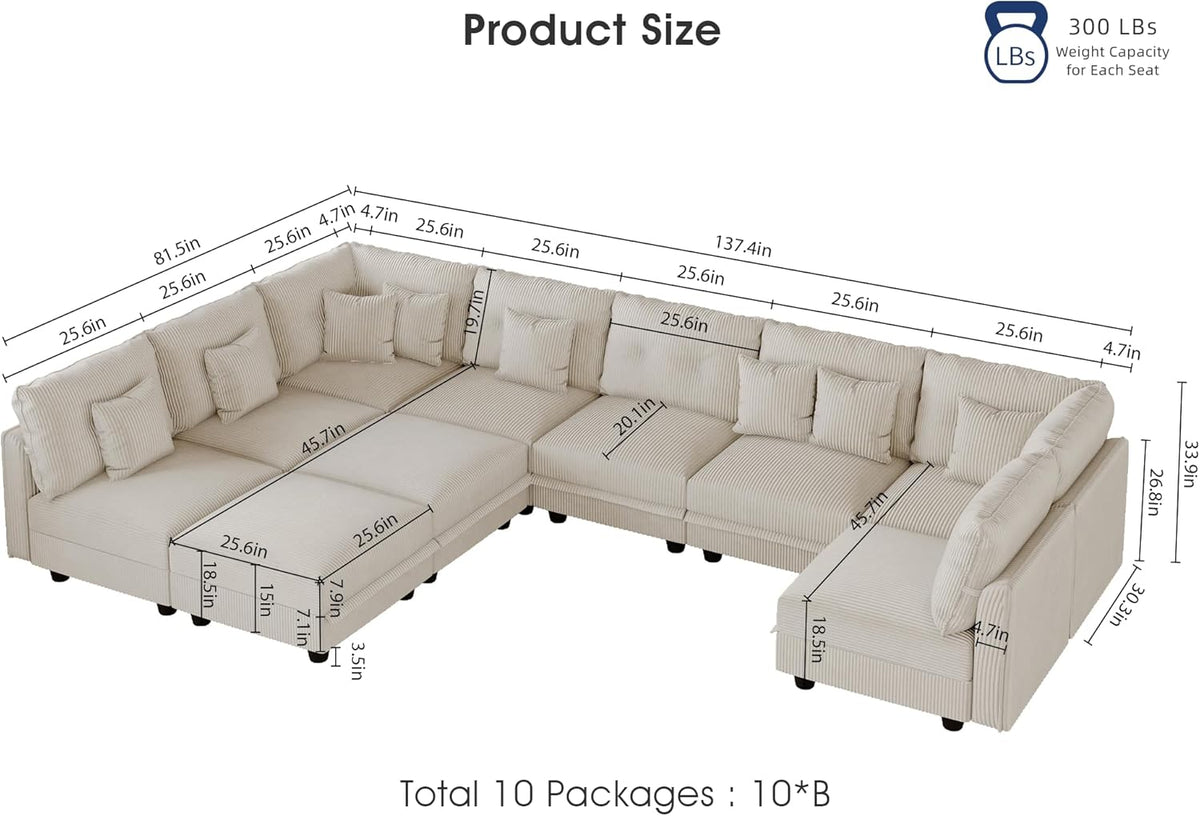 LLappuil Modular Sectional Sofa with Storage Seats, Corduroy Convertible Modular U Shaped Sectional